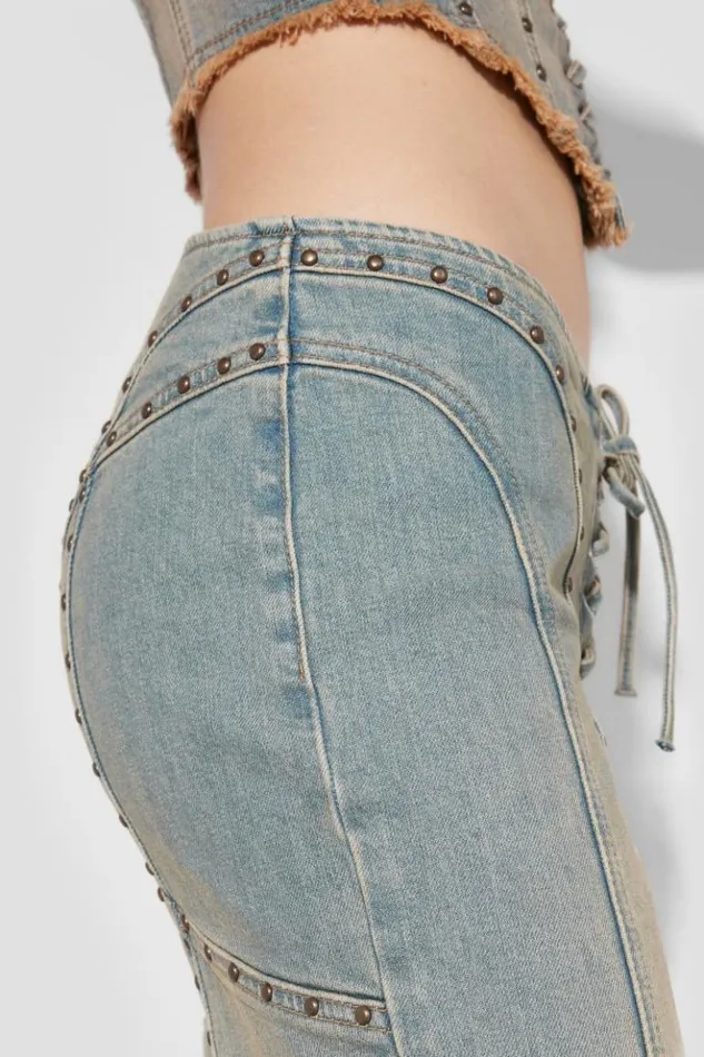 Women Trousers MISBHV Sunset Wash Lara Laced Denim Studded Trousers Blue
