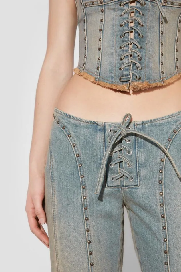 Women Trousers MISBHV Sunset Wash Lara Laced Denim Studded Trousers Blue