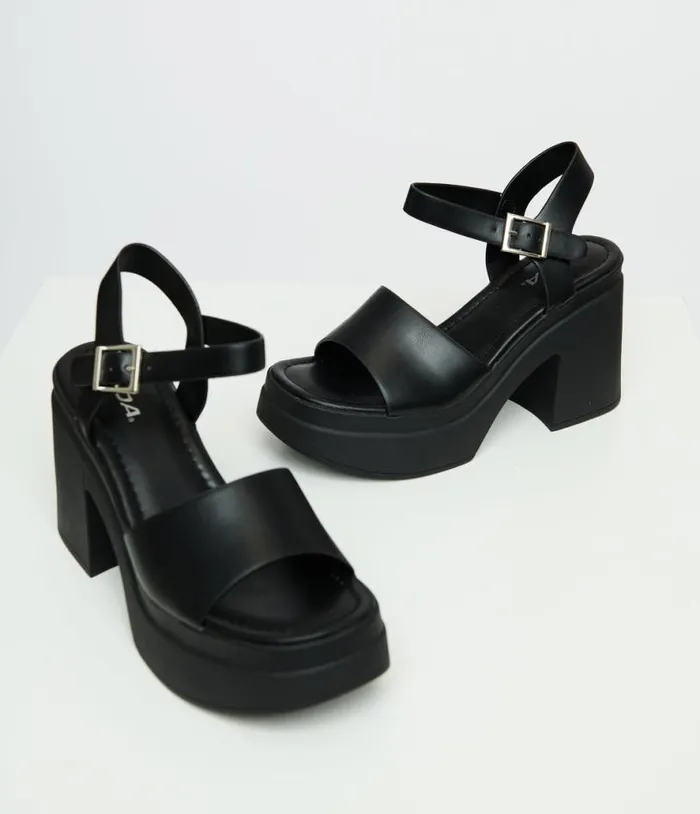 Y2K Black Leatherette Chunky Platform Heels Shoes Unique Vintage Sandals