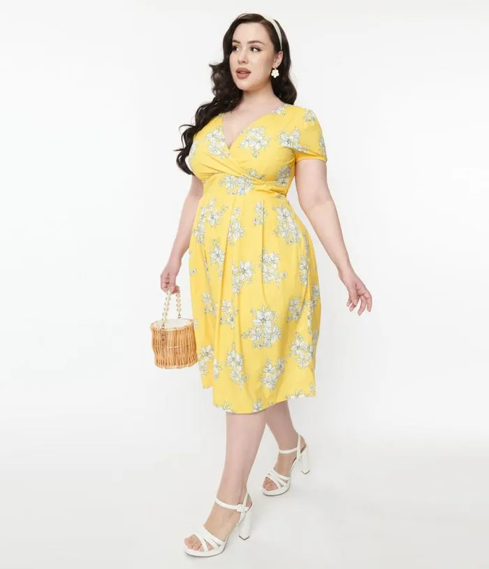 Yellow and White Floral Surplice Swing Dress Dresses Unique Vintage Pocket Dresses Yellow and White Floral Surplice Swing Dress Dresses Unique Vintage Pocket Dresses