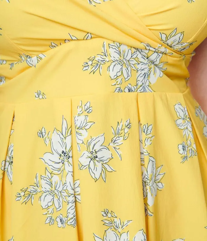 Yellow and White Floral Surplice Swing Dress Dresses Unique Vintage Pocket Dresses