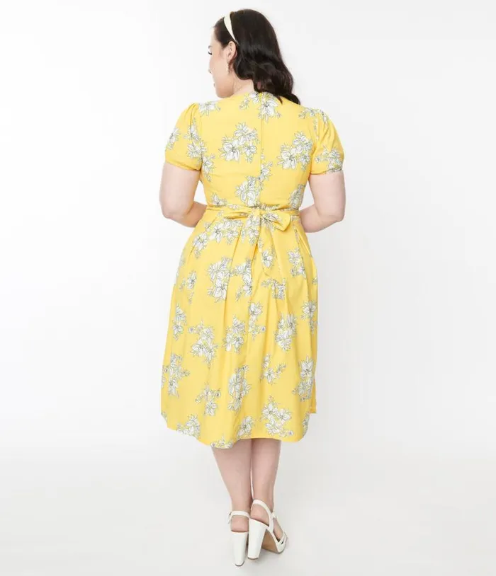 Yellow and White Floral Surplice Swing Dress Dresses Unique Vintage Pocket Dresses