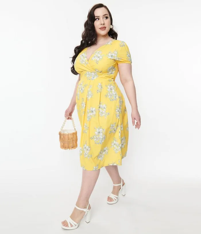 Yellow and White Floral Surplice Swing Dress Dresses Unique Vintage Pocket Dresses