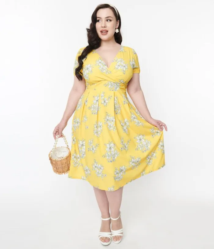 Yellow and White Floral Surplice Swing Dress Dresses Unique Vintage Pocket Dresses